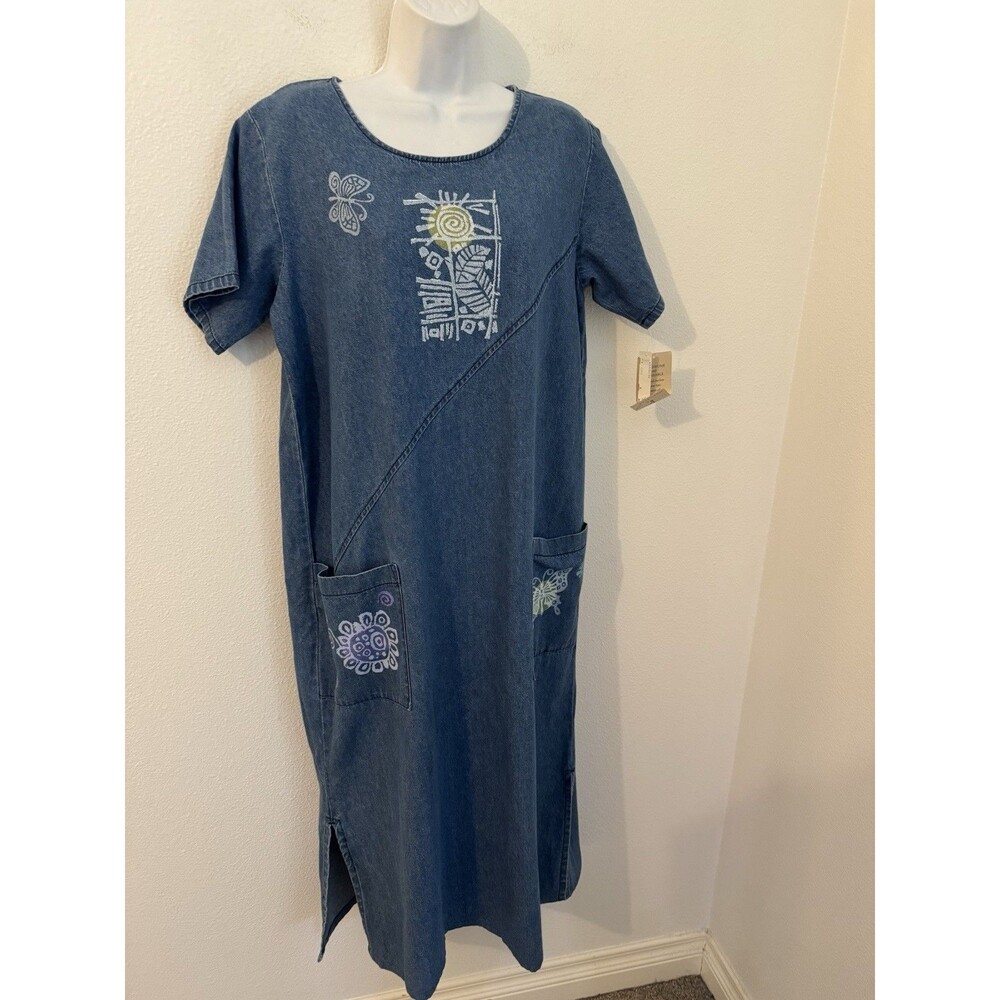 Vintage Designs Limited Dress Denim Midi Short Sleeve Pockets 90s New Medium